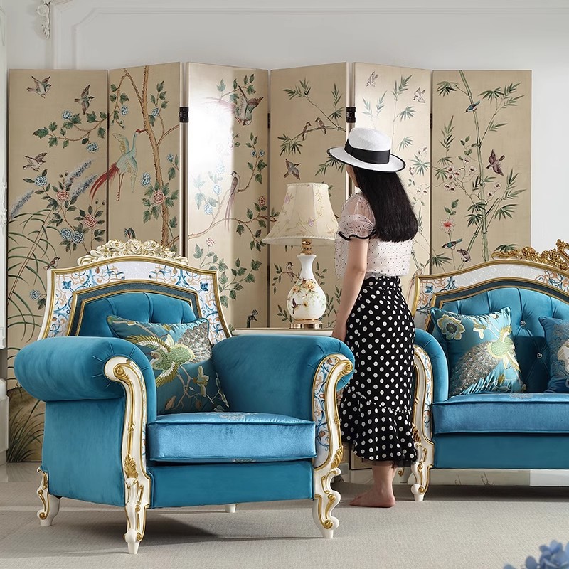 European Pastoral Style Solid Wood Carved Gold Foil Sofa with Wood Veneer Pull Button Design Living Room Reception Straight Sofa