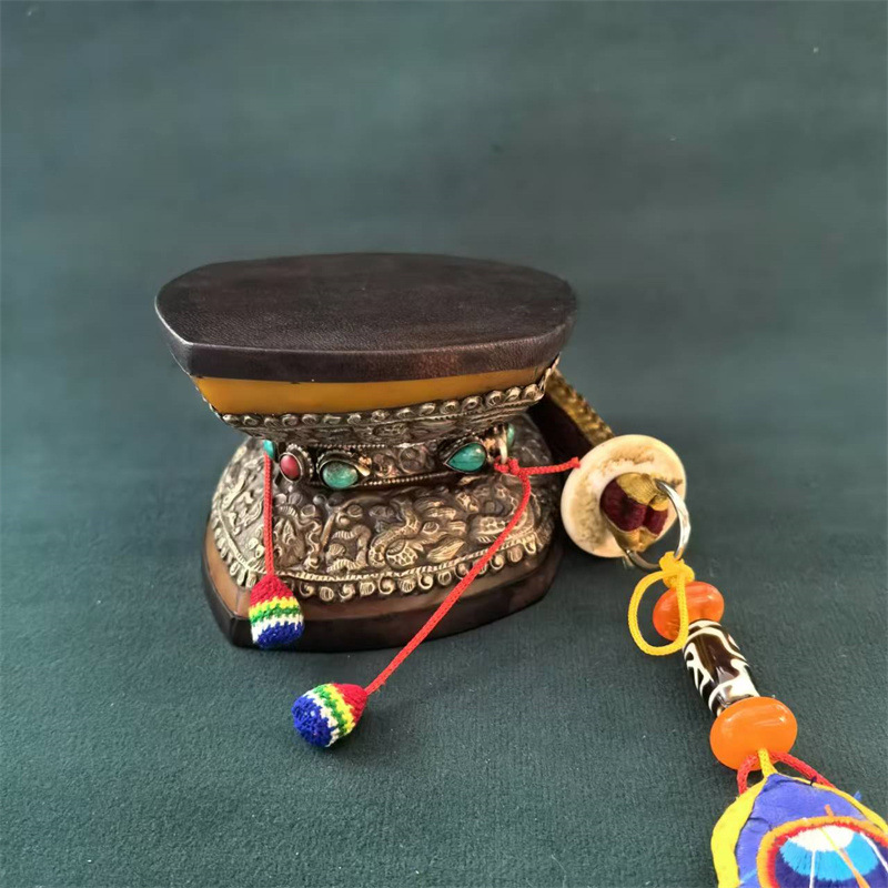 Nepalese Handmade Ancient Style Goatskin Tambourine Copper Gilt Square Tambourine Method Drum Tantric Drum Xizang Drum