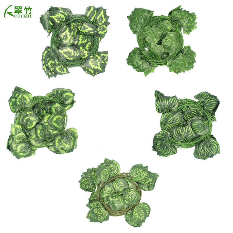 Cross-Border Simulated Color Printed Leaves Grape Leaves Kindergarten Pipe Decoration Plastic Climbing Tiger Rattan Artificial Flowers Manufacturer Batch