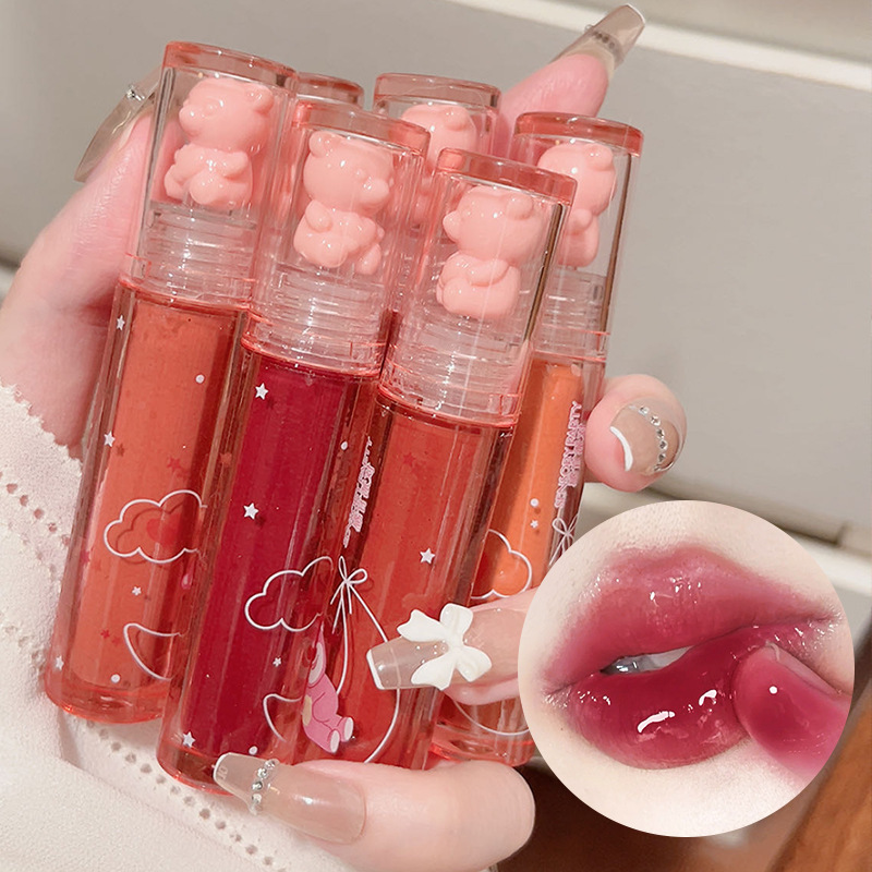 Cute Bear Water Gloss Mist Mirror Glass Lip Glaze Moisturizing Lip Gloss Lip Gloss Lipstick Female Student Niche Brand