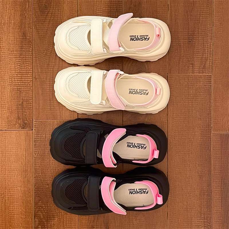 Papsl2025 New Versatile Mesh Bread-Toe Sports Sandals Showing Feet Small Thick-Soled Lightweight Cut Out White Sandals