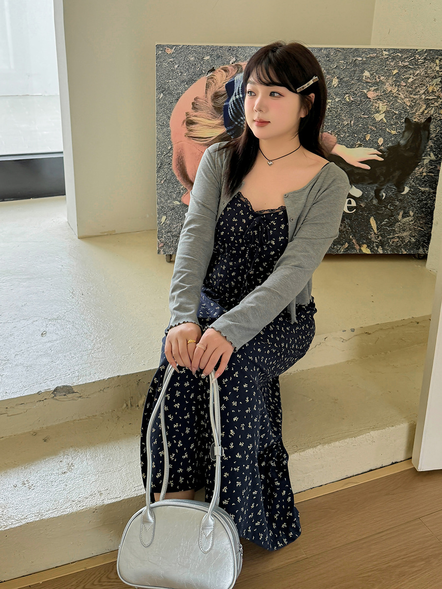 French Spring Long Sleeve Cardigan dress Women's 2025 New plus size Women's Floral Dress with Slip suit 142077