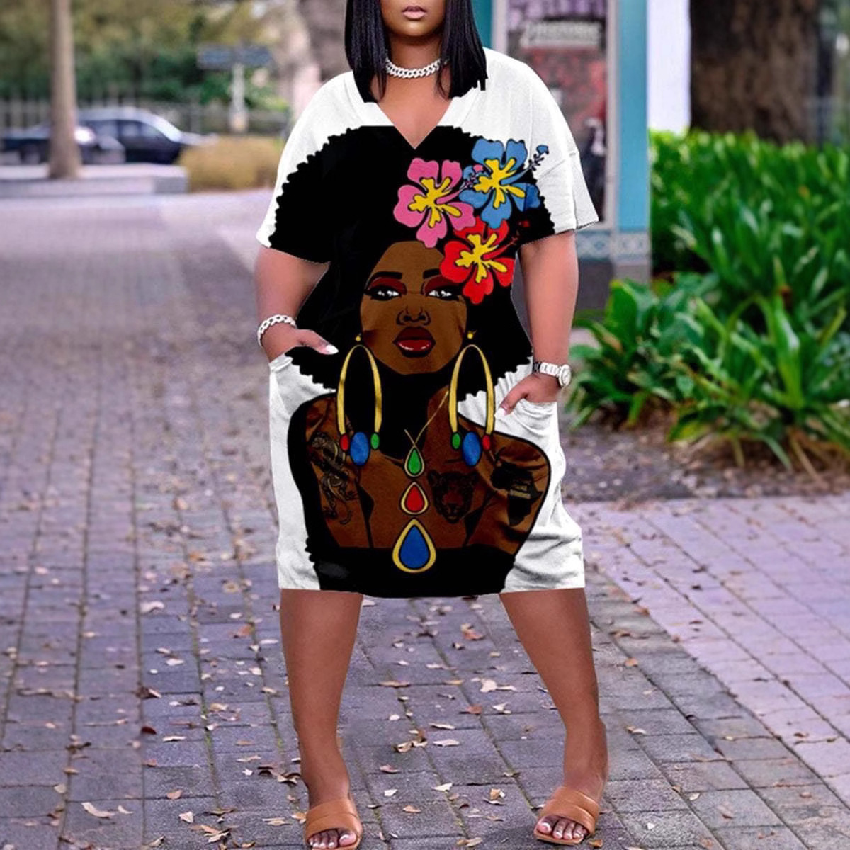 029 New 3D Printed NFL Fashion Women's Dress Loose European and American Women's V-neck Mid-sleeve Internet Celebrity Large Size Dress