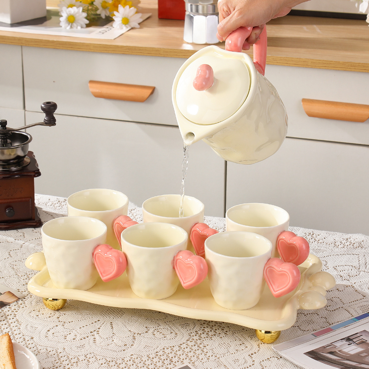 Creative Household Ceramic Set, Love Water Cup, Water Kettle, Newlywed High-Looking Tea Set, Water Set, Gift Girl Teapot