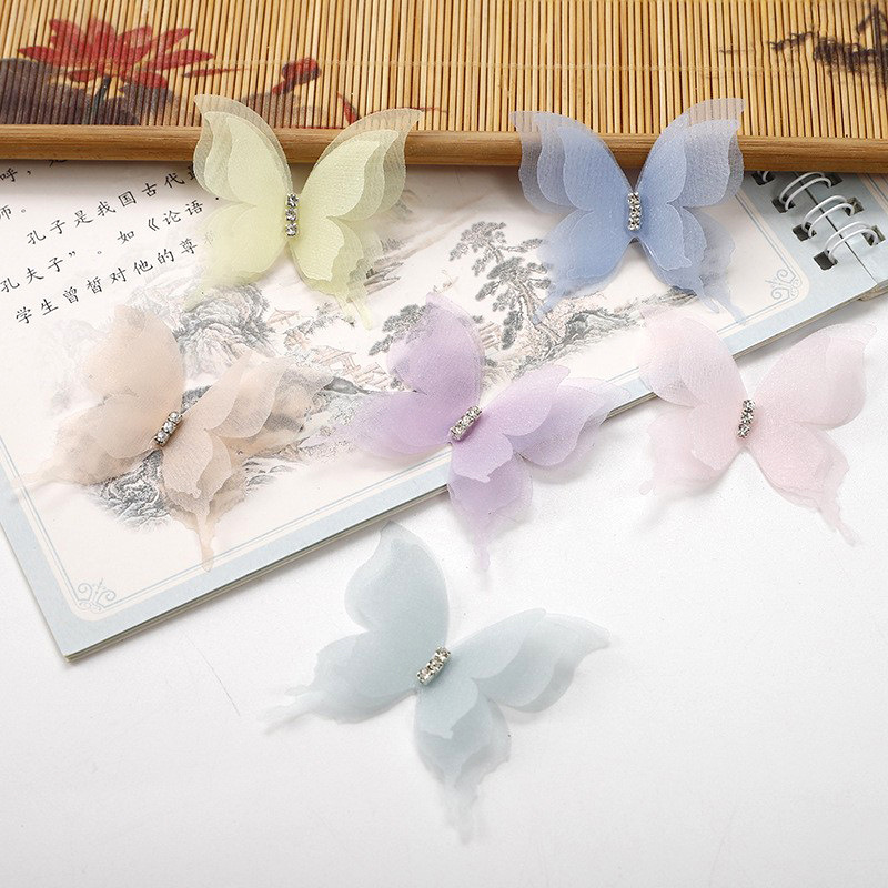 [Factory goods] new three-layer diamond three-dimensional tulle butterfly brooch colorful simulation fabric diy pin accessories