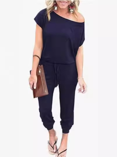 2024 European and American Cross-border Spring and Summer Fashion Slanted Shoulder Short-sleeved Flap Pocket Pants Women's Jumpsuit