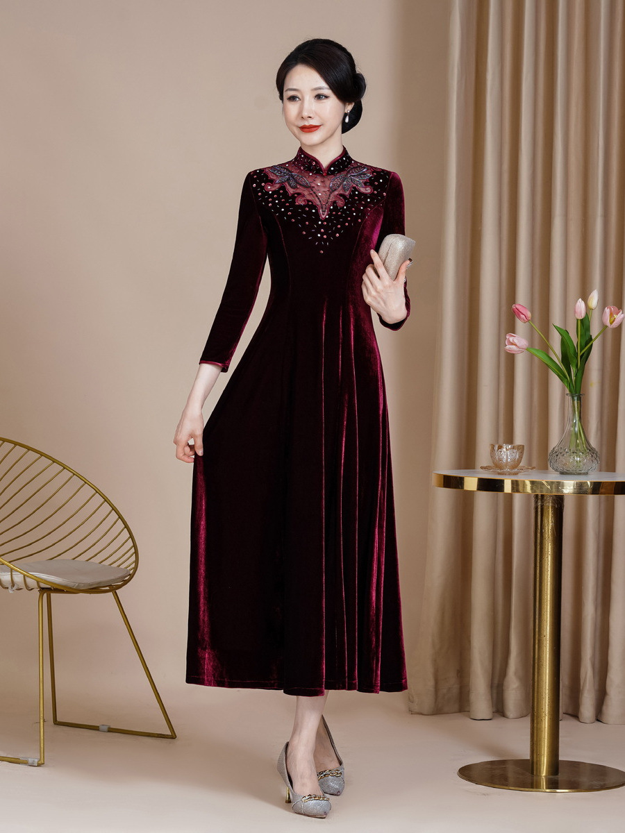 2024 New Large Swing Dress Improved Velvet Cheongsam Dress plus size Happy Mother Wedding Dress Long Happy Mother-in-law New