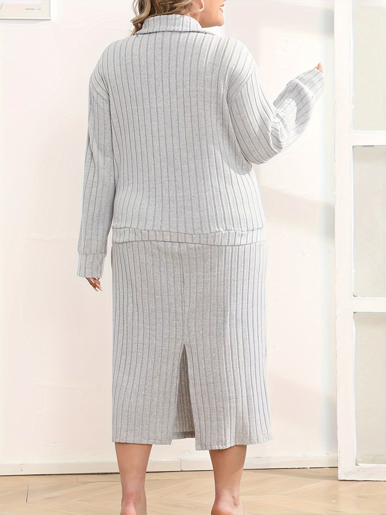 Simple Casual Elegant Long-sleeved Zipper Cardigan melange gray V-neck Casual Knitted Dress Set