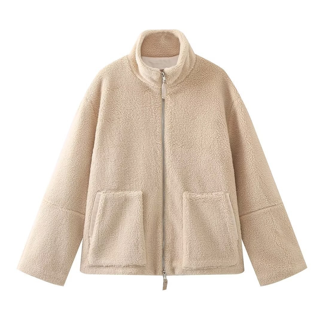 2024 autumn and winter European and American new women's three-color plush coat fashion versatile large pocket zipper coat
