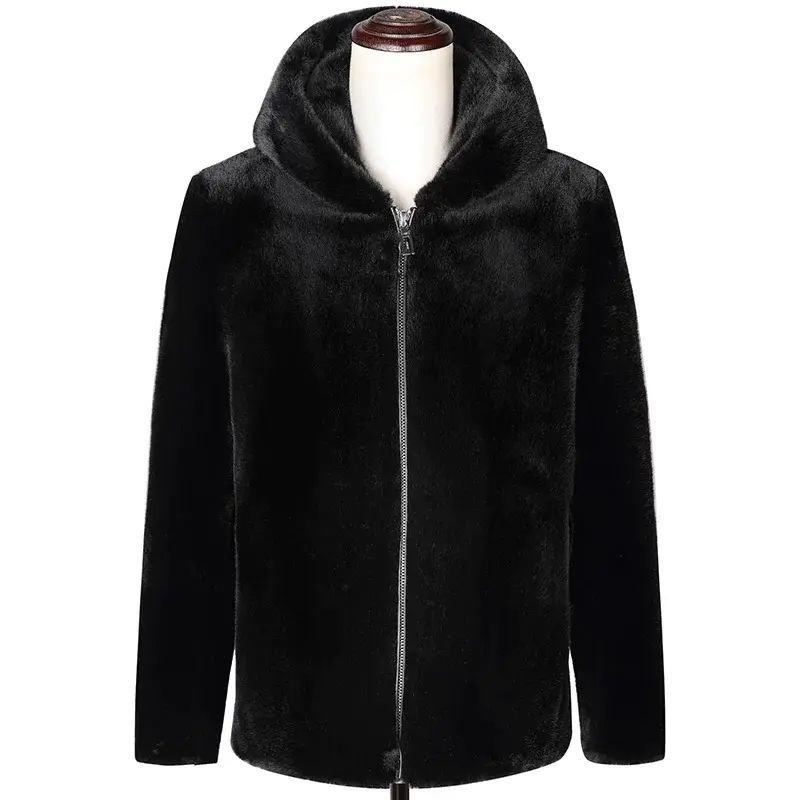 Customized Autumn and Winter Imitation Mink Outwear Mid-Length Men's Hooded Zipper Mink Outwear Mink Velvet Fur Top
