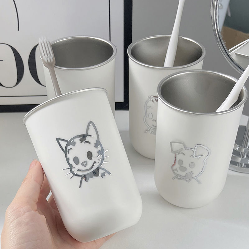 Brushing Teeth and Mouthwash Couple Mouthwash Cup 304 Stainless Steel Cup High-Looking Cute Cartoon Travel Size Wash Cup