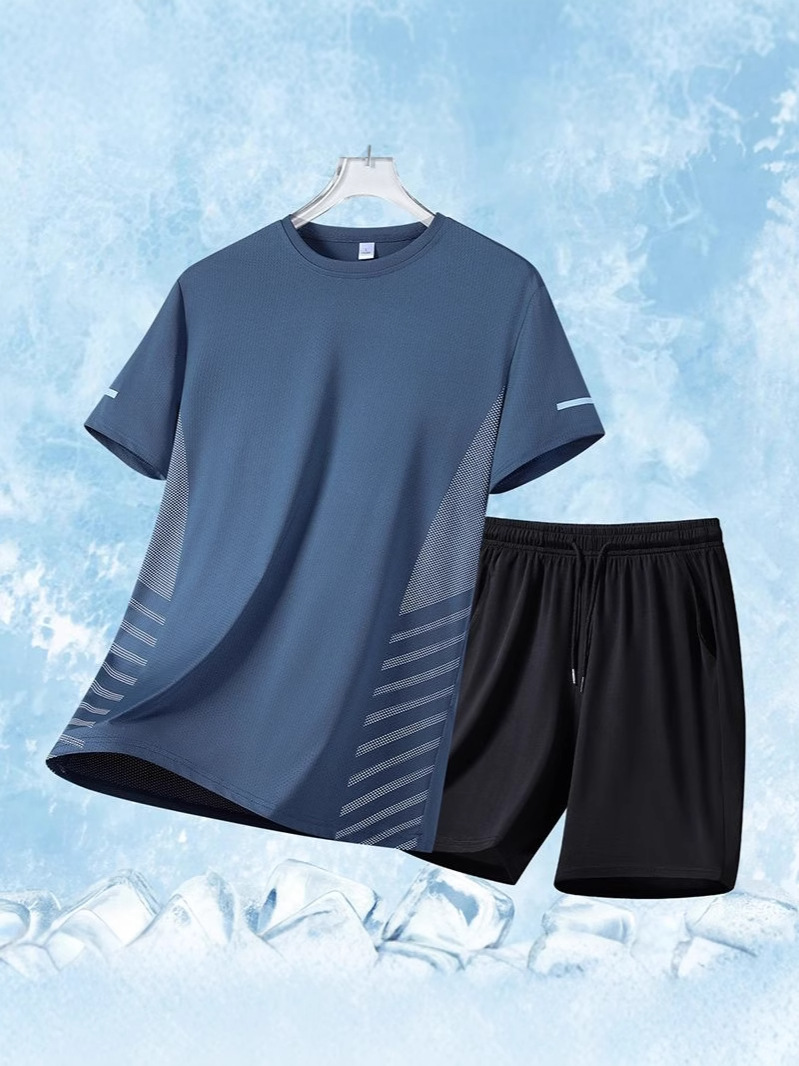 Ice Silk Breathable Suit Men's T-Shirt Short-Sleeved Shorts Breathable Quick-Drying Two-Piece Mesh Elastic Versatile Sports Suit