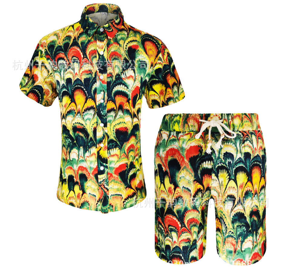 2025 New Foreign Trade Fashion Trendy Men's Loose Ethnic Style Short-Sleeved Shirt and Shorts Set One-Piece Wholesale