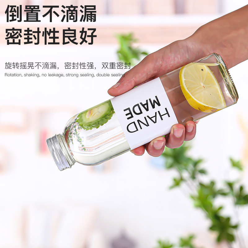 Food grade multi-specification thick square round glass bottle with lid sealed transparent milk tea beverage bottle customization