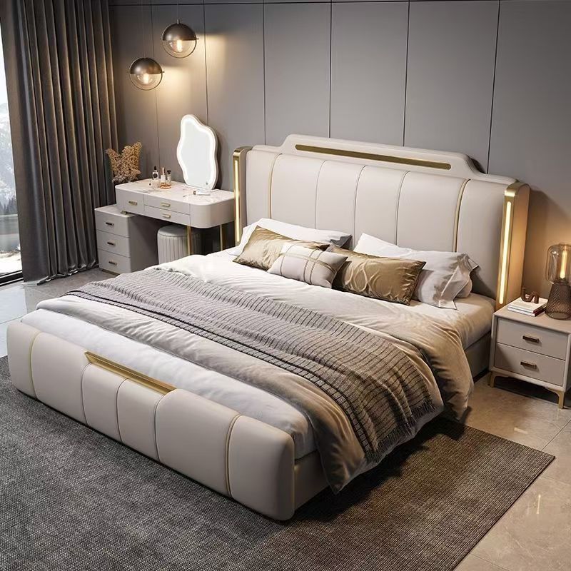 Master Bedroom Bed, New Italian-Style Light Luxury Leather Bed, Simple Modern Leather Bed, Master Bedroom High-End and Elegant Double Bed, Upholstered Wedding Bed