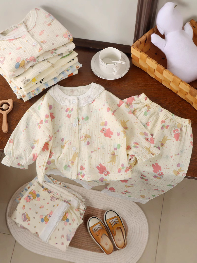 Кардиган и пижама из 100% хлопка для девочек, домашняя одежда с девятерым рукавом, легкие двойные хлопковые вещи для кондиционера