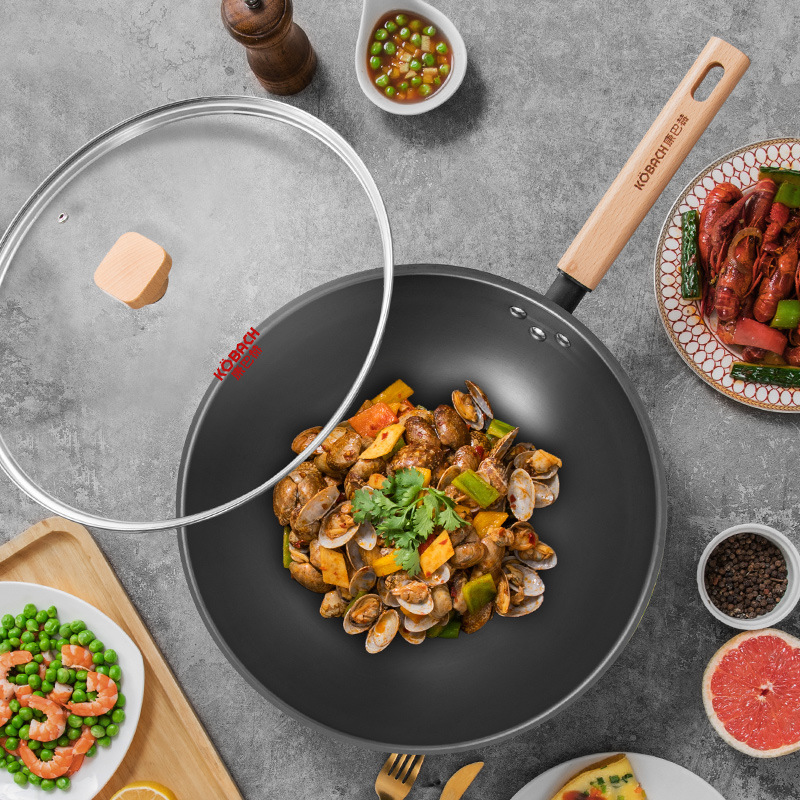 Вок Kangbach из рафинированного железа, не покрытый чугунный вок, анти-ржавый вок, старомодный вок с круглым дном, оптовая продажа