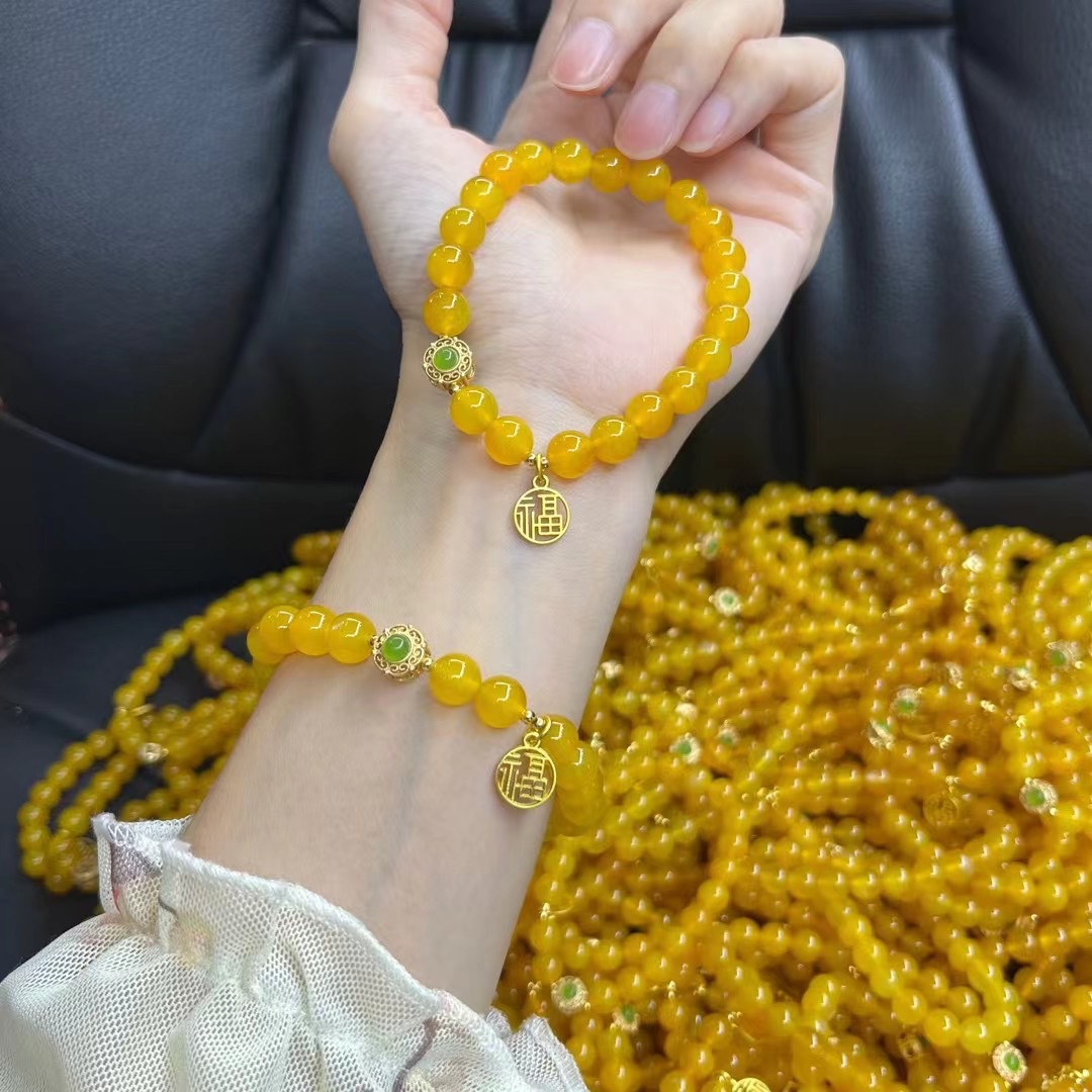 Original Yellow Agate Chicken Oil Yellow Single Circle Bracelet Girl's Accessories Retro Style Literary Fortune Tab New Style Women