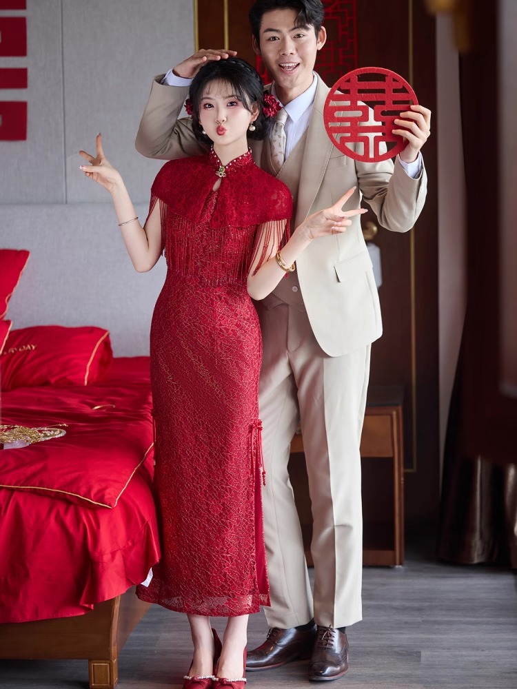 Burgundy High-End Engagement Cheongsam Dress New Chinese Style Toast Dress Bride Home Thanksgiving Banquet Casual Wear