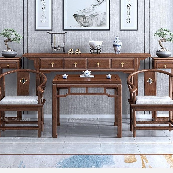 New Chinese-Style Solid Wood Six-Piece Hall Set with a Walnut Altar Table and Eight Immortals Table for Rural Home Use