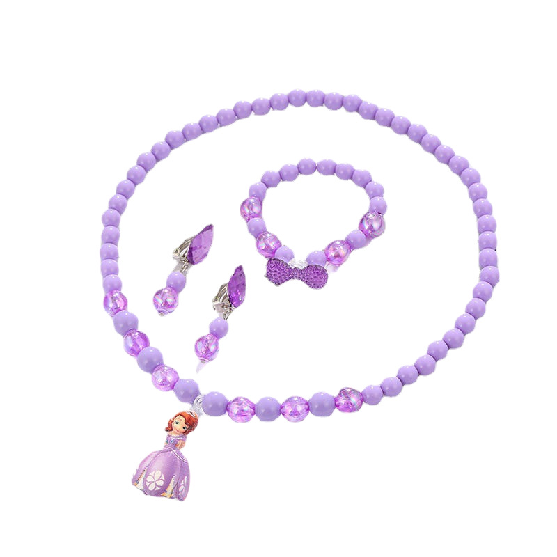 Children's Necklace Bracelet Ear Clip Ring Set Ice and Snow Princess Necklace Children's Beaded Jewelry Set Wholesale