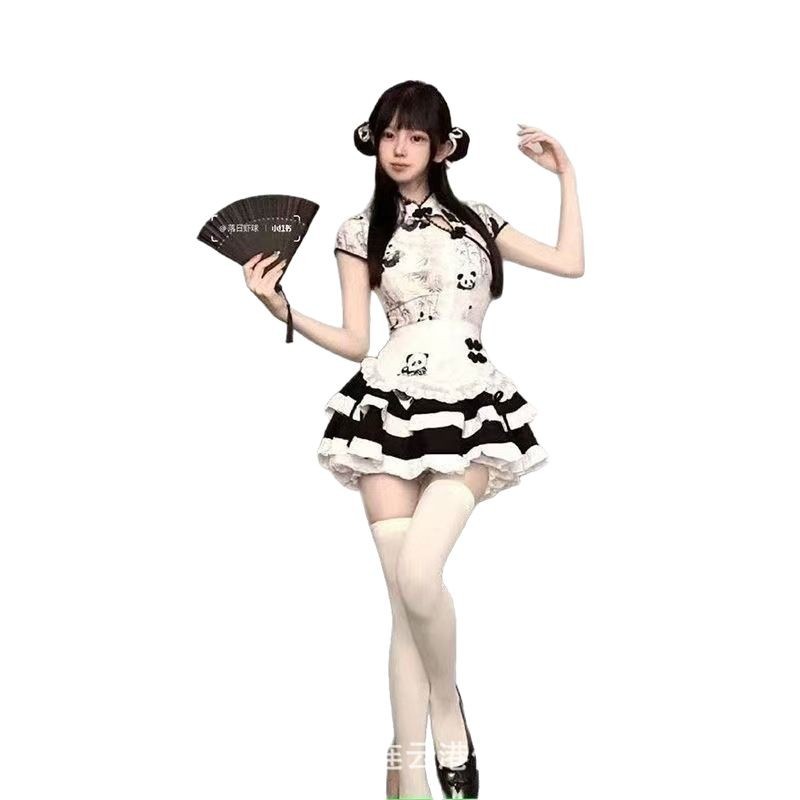 Cute Girl's New Chinese Style National Style Panda Printed Top High Waist Figure Flattering Puffy Cake Skirt Maid Apron suit