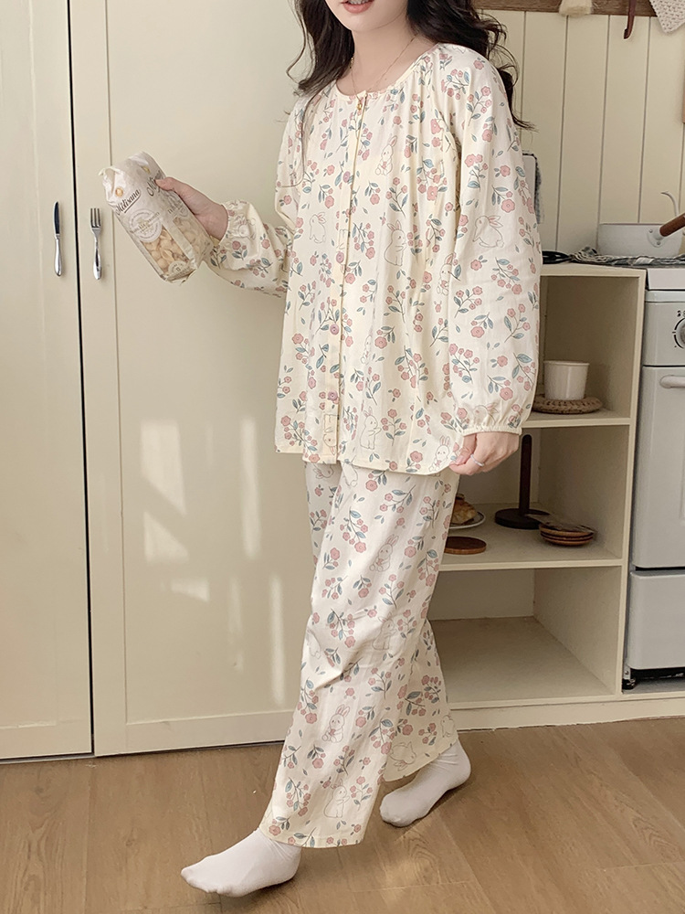 7A Antibacterial Maternity Pajamas Class a Pure Cotton Confinement Clothes Spring and Autumn August Postpartum Maternity Breastfeeding Home Clothes