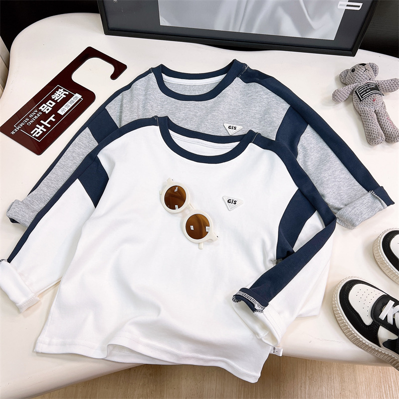Boys Base Shirt New Round Neck Loose T-shirt Cotton Stitching Long Sleeve Top Simple All-match Children's Sweater Fashion