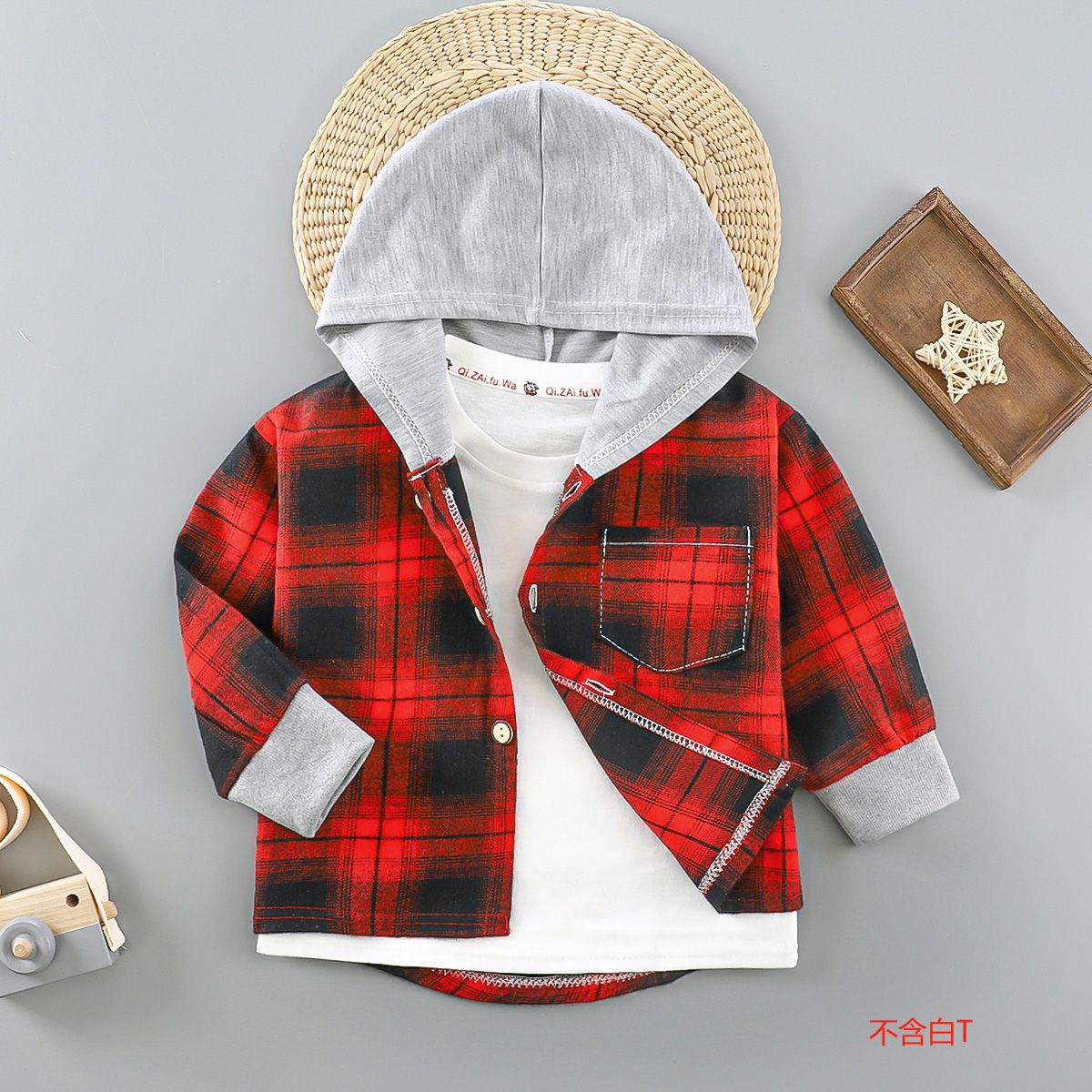 Children's long-sleeved shirt Plaid baby spring and autumn clothing top children's cardigan shirt Western style children's spring and autumn hooded