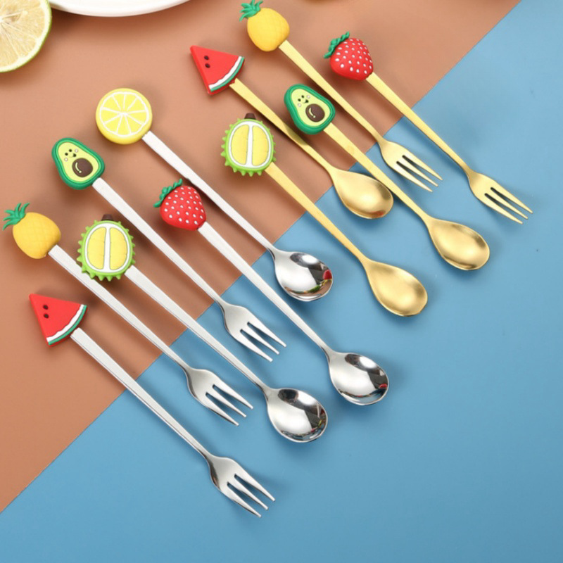 Creative stainless steel coffee dessert spoon Fork gift suit Christmas doll fruit head stainless steel dessert spoon Fork