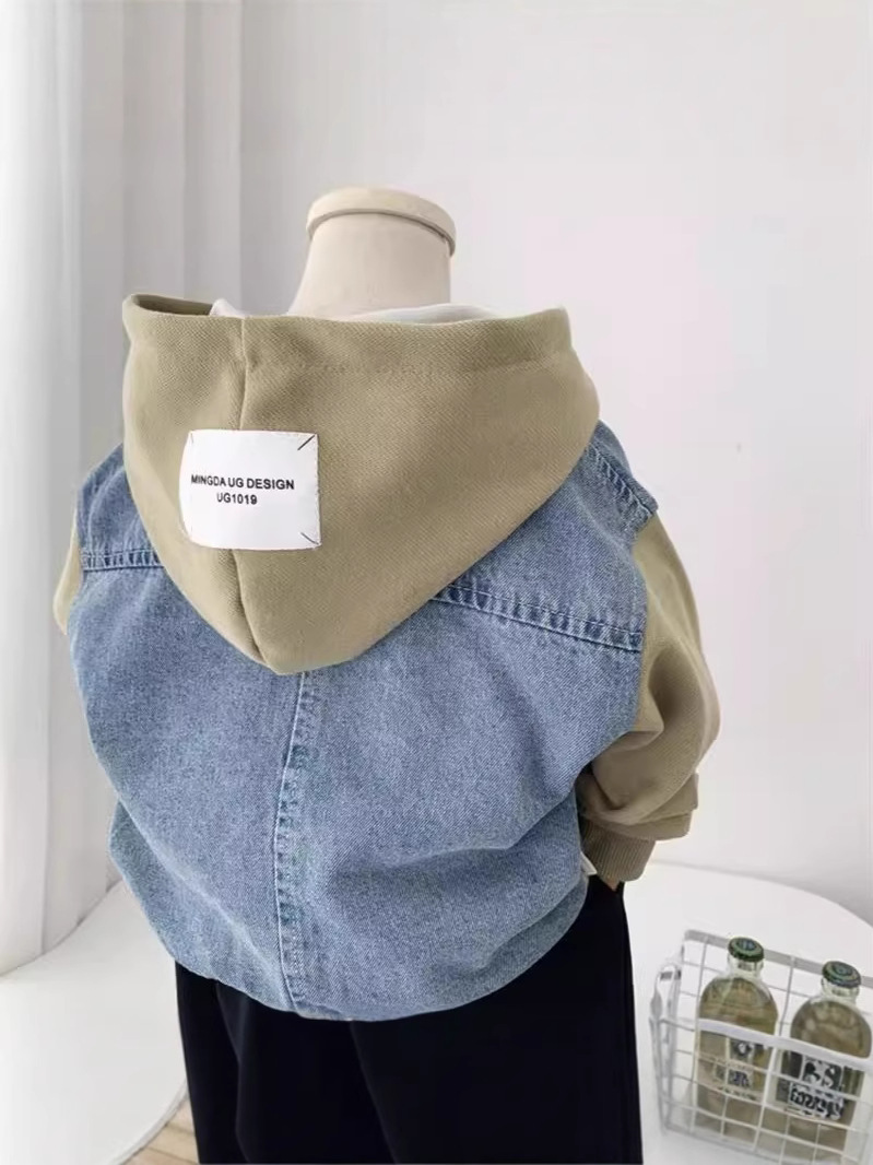 Boys' Spring and Autumn Denim Coat 2024 New Korean Children's Hooded Zipper Shirt Casual Top Children's Duffy Handsome Fashion