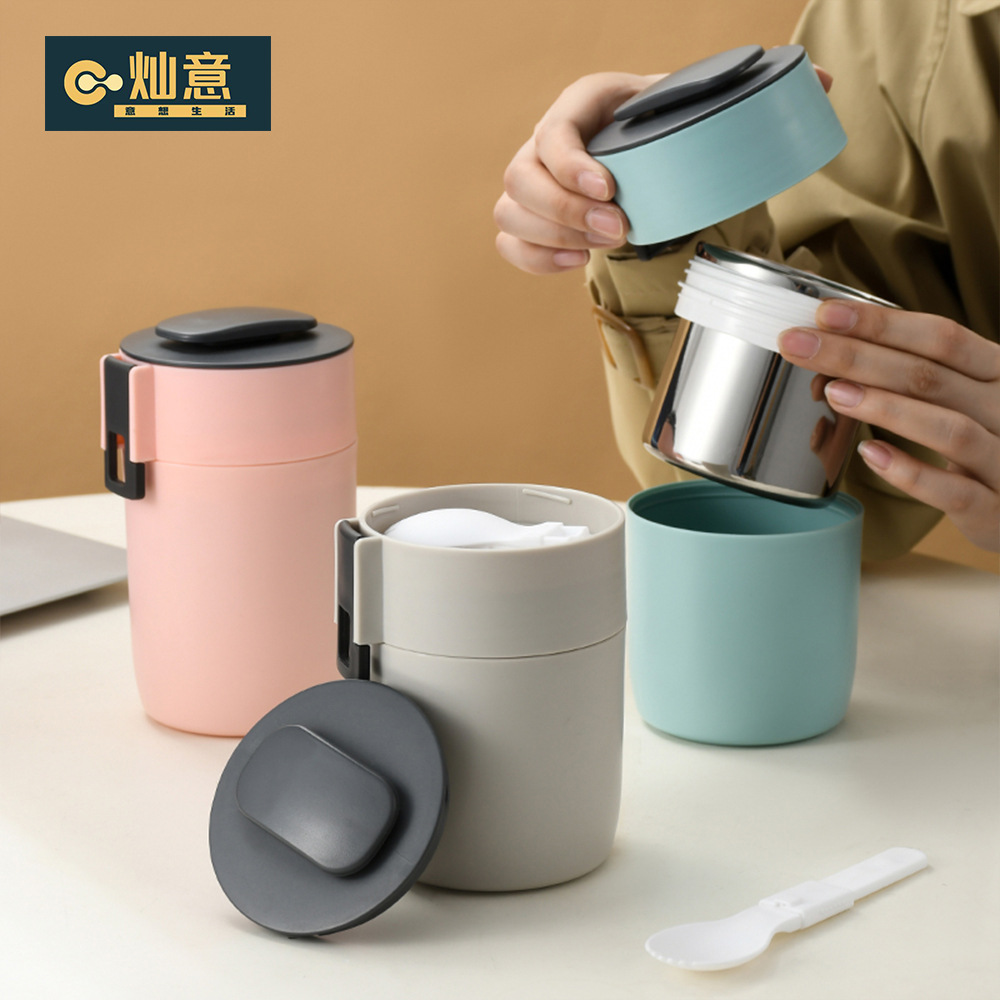 304 нержавеющая сталь термоизоляционная чашка для завтрака с ложкой, простая суповая чашка, для разогрева в микроволновке, оптовая