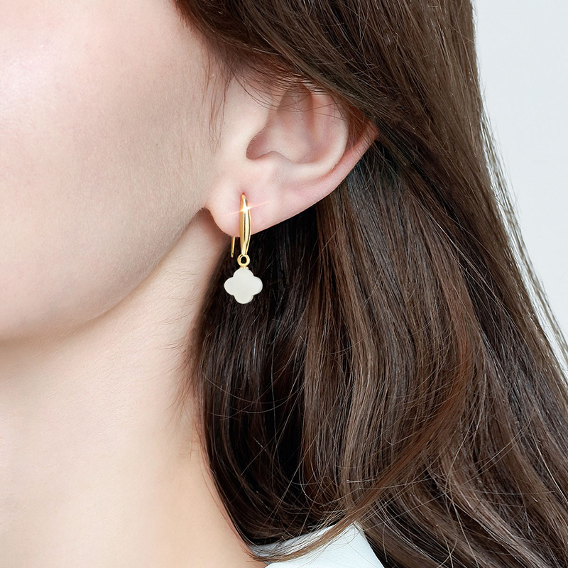 Old material Hetian Jade White Jade four-leaf clover earrings genuine 18K gold inlaid natural jade earrings earrings Women's