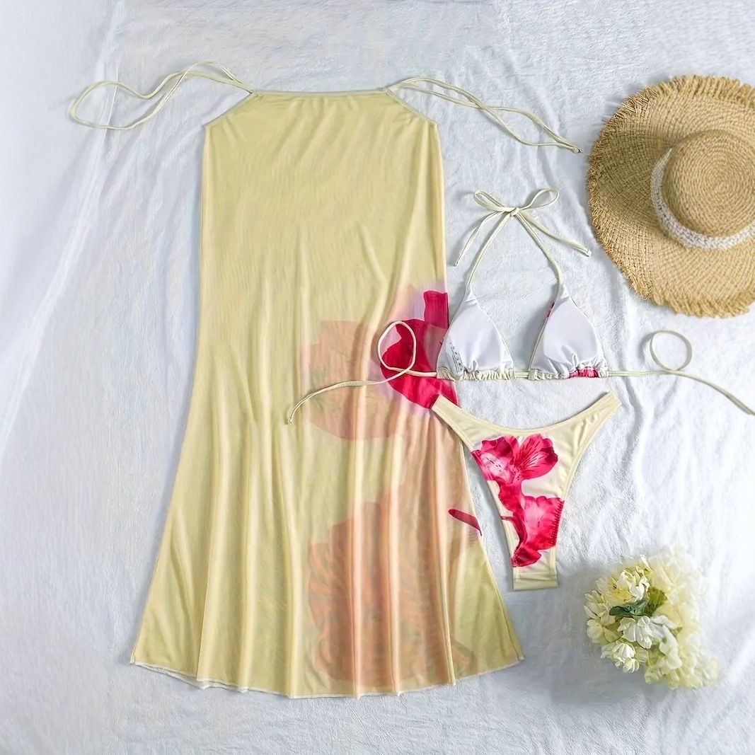 2025 New European and American Bikini Amazon Printed Backless Sexy Strap Split Vacation Swimsuit Bikini Women