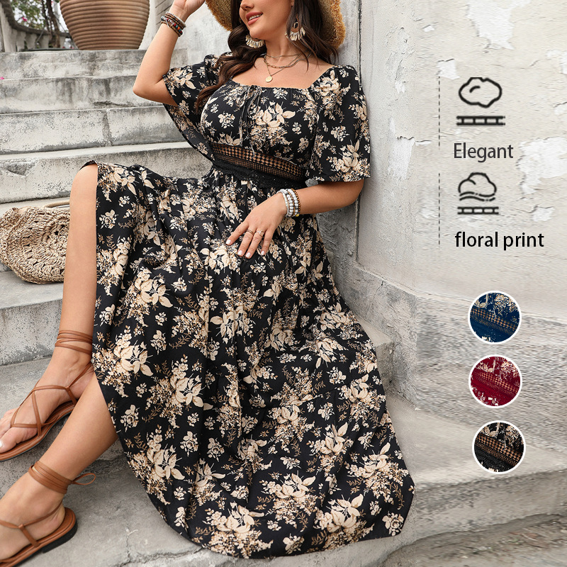 Европейское и американское новое платье 2025 весна Амазон ретро квадратный вырез принтованное платье большого размера с коротким рукавом