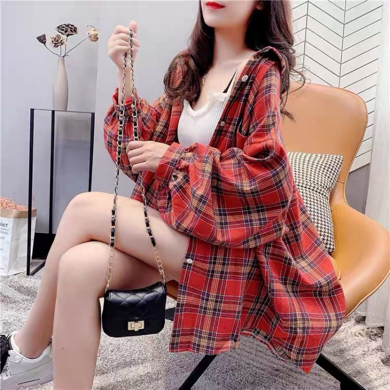 Spring and Autumn Coat 2023 New Arrival Plaid Shirt Women's Sanding Long-Sleeved Loose Sunscreen Shirt Retro Hong Kong Style All-Match Shirt