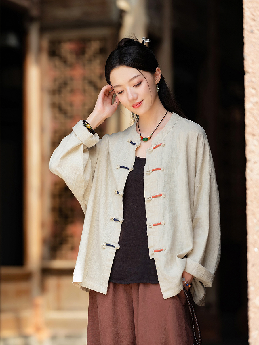 25 New Original Cotton and Linen Women's Clothing Retro National Style Button Contrast Color Wrap Online Cardigan Women's Zen Ramie Jacket
