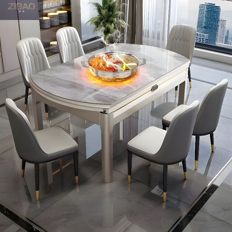 Rock Board Dining Table and Chair Combination Modern Simple Household Small Apartment Light Luxury Dining Table Variable Round Table Telescopic Solid Wood Dining Table
