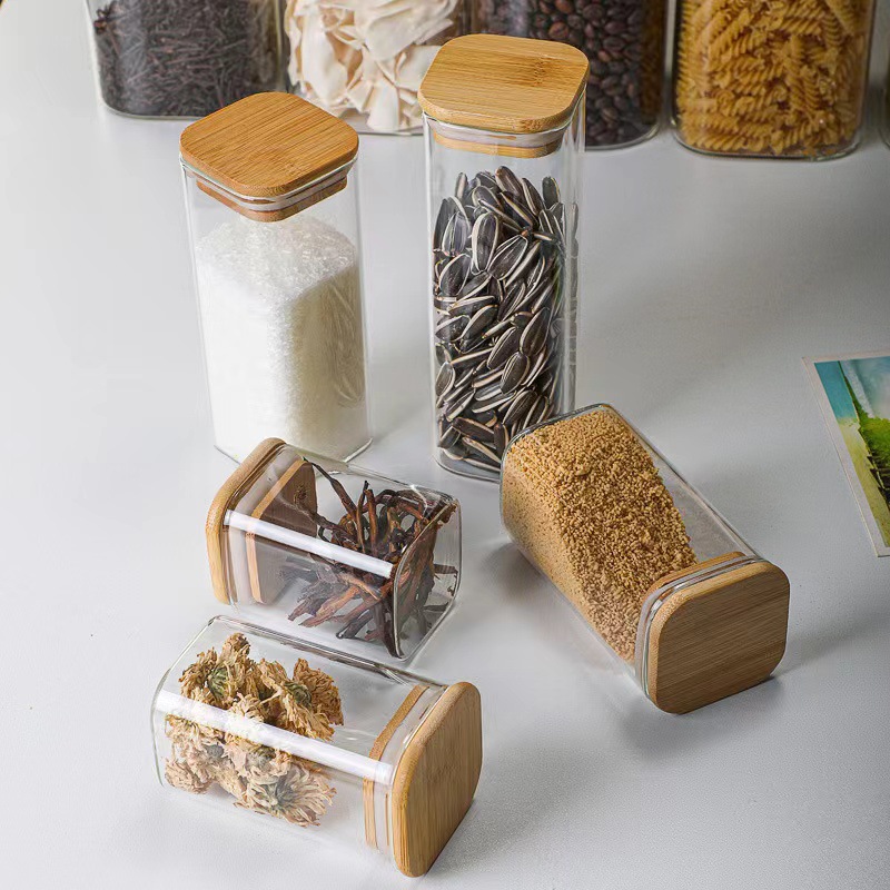 High Borosilicate Glass Square Storage Jar Transparent Coarse Grain Tea Jar Candy Food Kitchen Seasoning Storage Sealed Jar