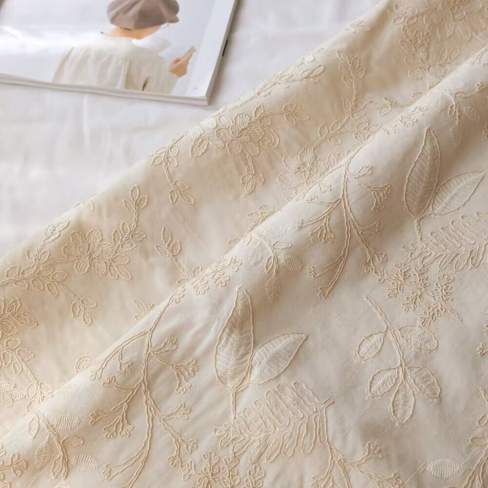 Original cotton Japanese style thick thread three-dimensional embroidery exquisite flower branch pure cotton embroidered bag clothing skirt fabric one meter price