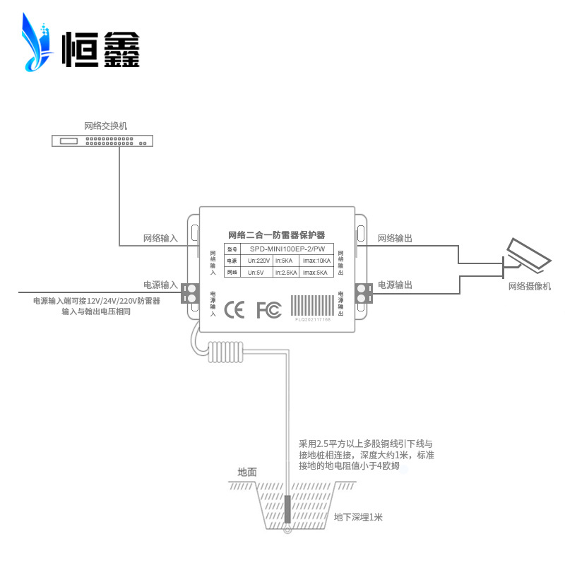 Hengxin network two-in-one lightning protection device surveillance camera 100 m network power arrester surge protector