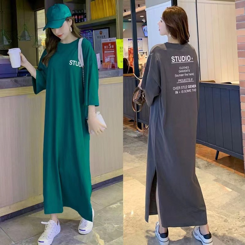 Plus Size Summer New Style Lazy Long Short-Sleeved Loose Over-The-Knee Large Size Dress 100kg Long Skirt T-Shirt Skirt