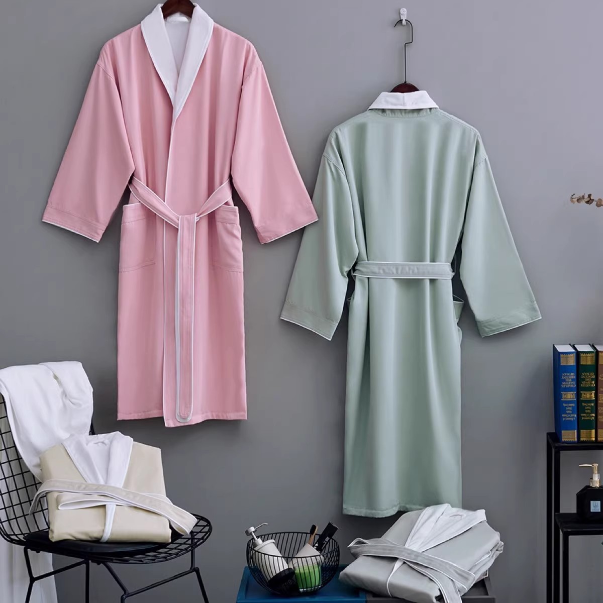 Five-star hotel peach skin velvet green collar bathrobe men's and women's cotton absorbent bathrobe adult bathrobe nightgown four-season