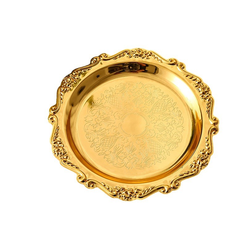 Metal Round Cake Plate Internet Popular Mini Jewelry Plate Snack Tray Snack Plate Vintage Carved Golden Storage Plate