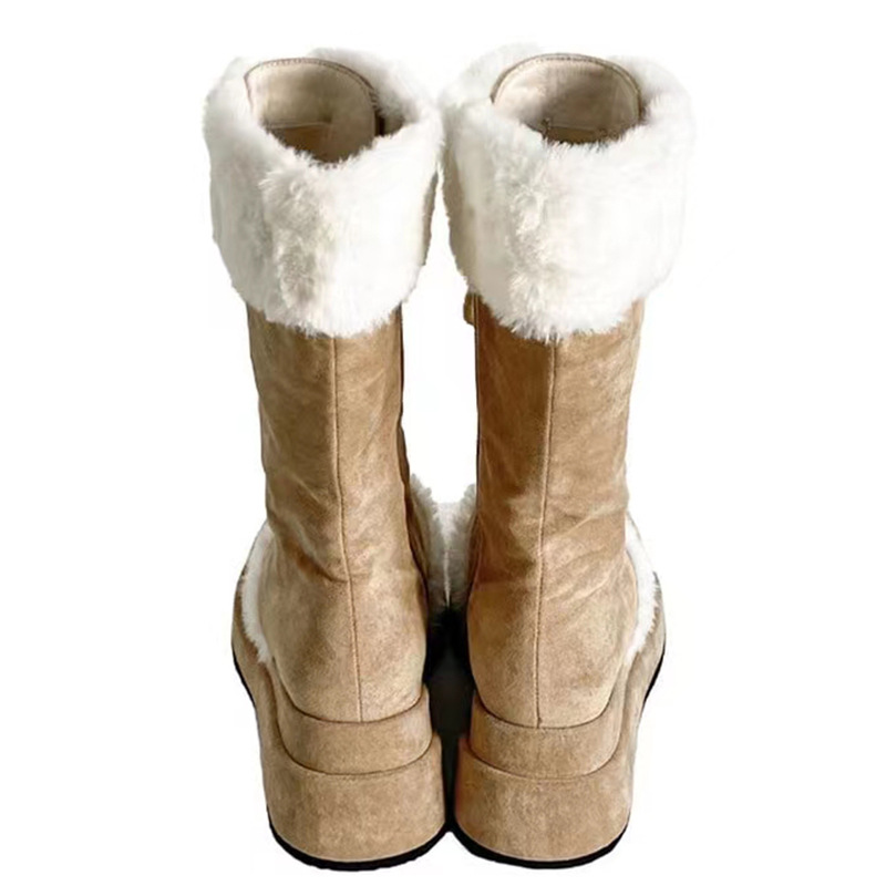 Furry Snow Boots for Women 2025 Winter New Retro Thick-Soled Fleece-Lined Knight Boots Warm Mid-Calf Martin Strappy Boots