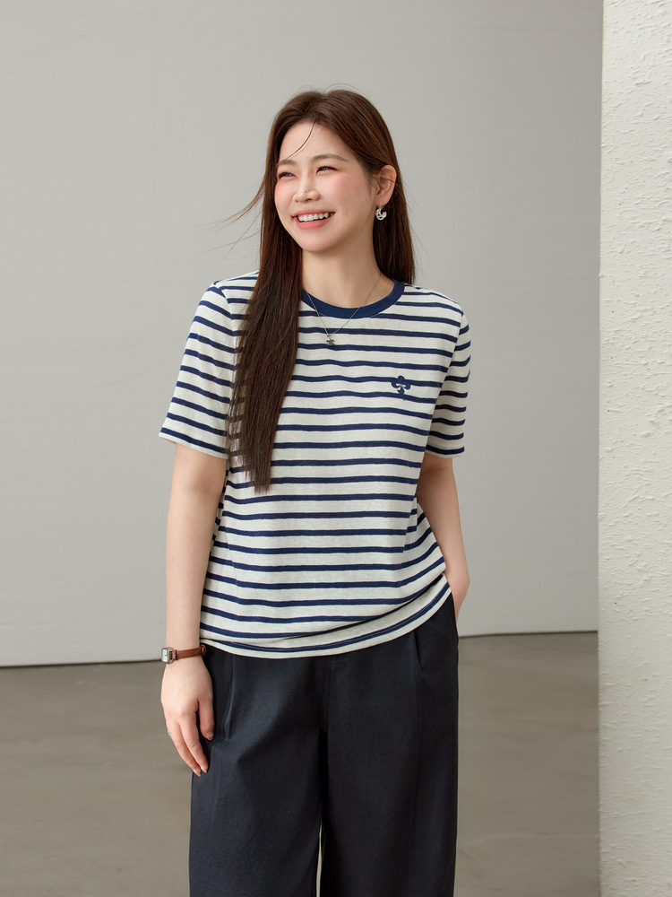 [Starry Night Sea Breeze] Love Summer Style Striped Round Neck Easiest for Match T-Shirt Slim Show Plus Size Women's Fat mm Summer Clothes New Style