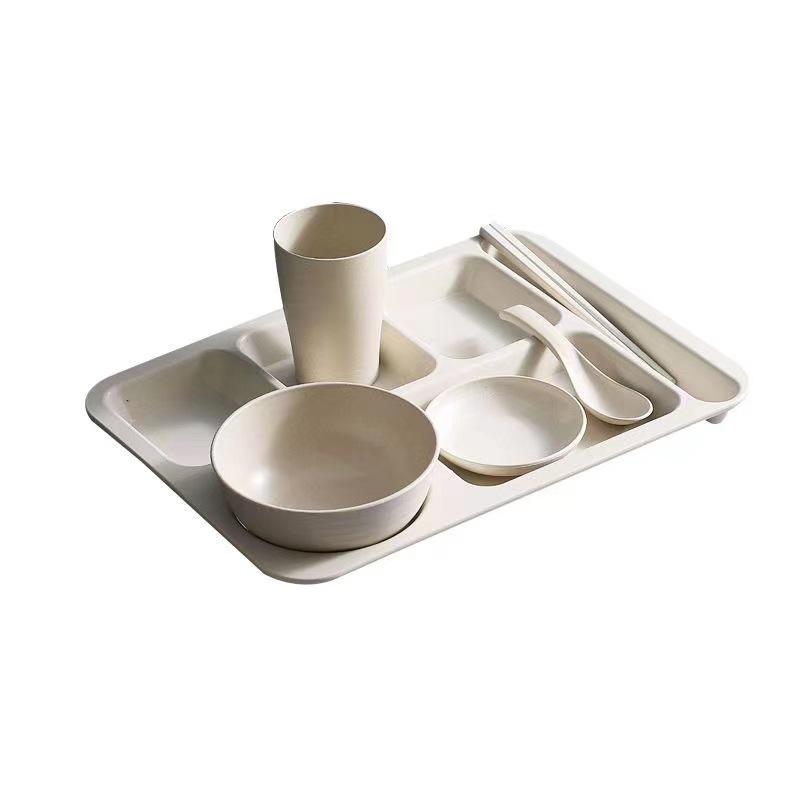 Creative Wheat Straw Dinner Plate Set for Home Adult Students Divided Fast Food Plate Thickeneded Canteen Rice Plate Bowl Cup and Saucer