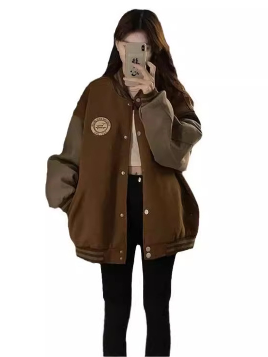 Cross-Border Lazy Style Baseball Jacket Women's Autumn and Winter Velvet Thickeneded Retro Loose Casual Cardigan Sweatshirt Ins Trend