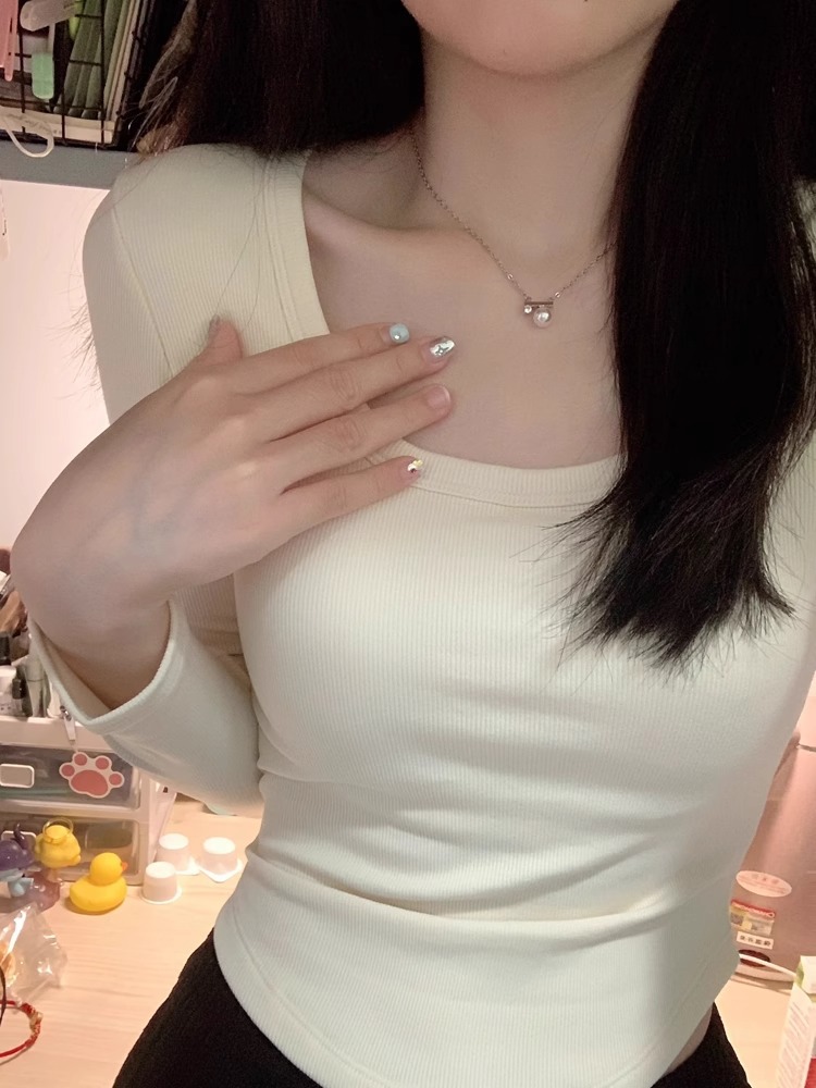 TikTok Autumn and Winter Thick Fleece Square Collar Long-sleeved T-shirt Women's plus size Slim-fit Inner Warm All-match Base Shirt Top