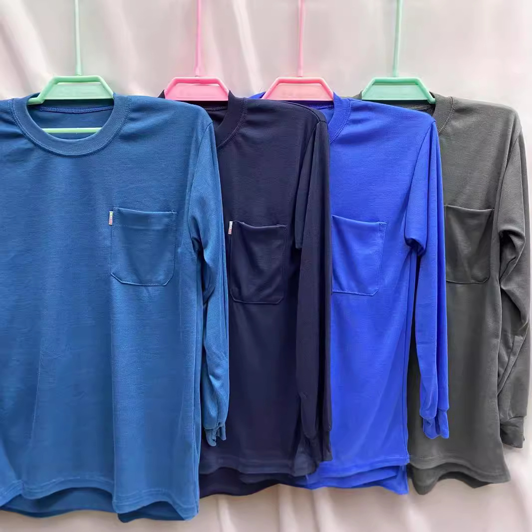 Мужская осенняя футболка с круглым вырезом для мужчин среднего возраста, с настоящими карманами, однотонная, с длинным рукавом, свободная базовая футболка